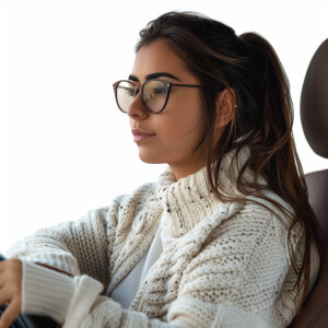 A cute Latina woman sitting in a chair

Glasses

Brown ponytail...