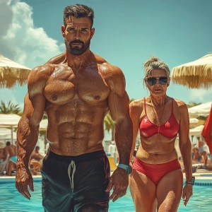 Create a realistic art-style image of a muscular, sweaty hotty m...