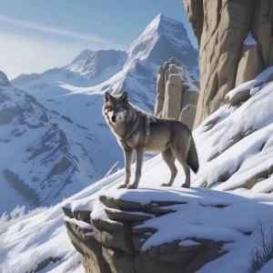 Create an image of a snowy mountain landscape, featuring a lone...