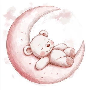 A cute, cartoon teddybear lies on a stylized, rosy-pink crescent moon. The teaddy bear is light gray with large, round, pink-spotted ears.  Its body is round and he has expressive eyes.  its facial expression is happy and friendly. The teddy bears leg and foot are visible, and its posture is relaxed, slumped in the curve of the moon. it's stomach is lying down on the moon with left arm and leg showing hanging down. The moon is a soft, shaded pink, with watercolor-like texture and subtle shading. The background is white. The image is in a child-friendly style, showcasing delicate line work and color palettes. The composition is centered on the teddy bear which is positioned on the moon, giving the moon a hug with closed eyes. The overall style is sweet, whimsical, and reminiscent of children's book illustrations.  The colors are pastel and soothing, creating a gentle atmosphere.