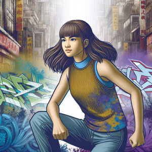 teenage girl, long brown hair and bangs, wearing tight skinny jeans and a halter top paint marks on her clothing, heroic pose Asian graffiti background, nearing on one knee