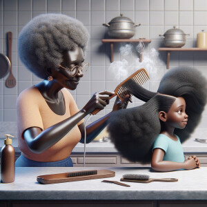 Create a realistic 3-D image of an african-American grandmother in the kitchen with her african-American granddaughter. The grandmother has a hot comb in her hair and she is straightening her granddaughters hair. One side of her granddaughters hair is in  a Afro the other is bone straight 
There is smoke coming from the hot comb