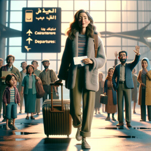 a female walks through the airport to get on a plane and says go...