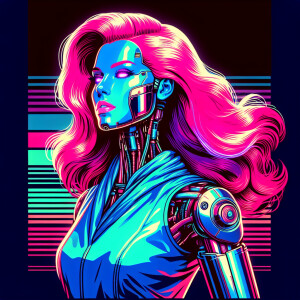 a woman with pink hair in a blue dress, retrofuturistic female a...