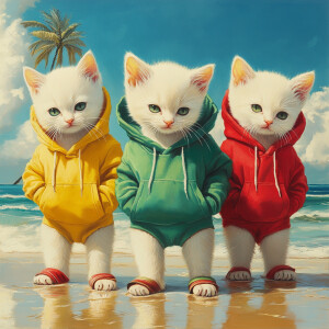 Three cream colored kittens wearing red, yellow and green hoodie...