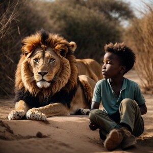 A Lion next to a African American child boy.