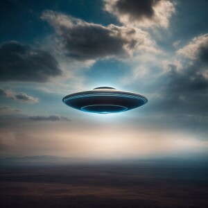 Capture the otherworldly presence of a silver flying saucer hove...