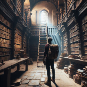 A man with a backpack is standing in an old gloomy library with...