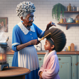 Create a realistic 3-D image of an african-American grandmother wearing a blue house dress and a white apron . She is in the kitchen with her african-American granddaughter. Her granddaughter is wearing a pink bath robe. The grandmother has a hot comb in her hand and she is straightening her granddaughters hair. One side of her granddaughters hair is in  a Afro the other straight 
There is smoke coming from the hot comb
The granddaughter is making a face as if to say grandma that hurt