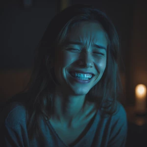 A person smiling in public but crying alone in a dimly lit room...