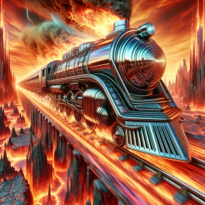 Create an image of a metallic, reflective locomotive named "The Crazy Train," featuring an exaggerated, dynamic design that seems to pulse and twist as it speeds through a dystopian landscape reminiscent of hell. The train is engulfed in bright flames, matching the chaotic energy of its surroundings dominated by erupting volcanoes and jagged rocks. Emphasize the train's extreme speed with distinct speed lines and motion blur, capturing the wild, infernal essence of its journey.