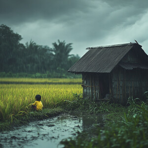 a small child in a hut in the middle of a rice field was taking...