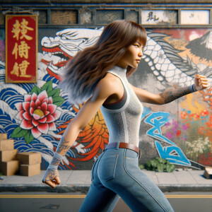 Athletic Thin skinny Attractive, Asian teenage girl, long brown hair and bangs, wearing tight skinny jeans and a halter top paint marks on her clothing, heroic pose Asian graffiti background, backside view