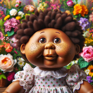 African-American cabbage patch doll with huge dimples, and freckles and flowers in the background