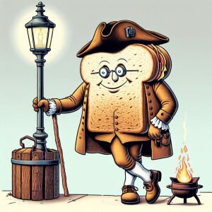 A sandwich with arms and legs, dressed like Benjamin Franklin, s...