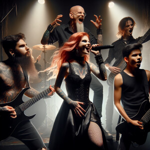 Gothic metal concert with five band members. The lead singer is...