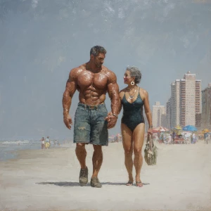 hyperRealism photo painting.a muscular sweaty  employer man walk...