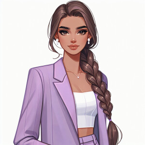 A girl wearing lavender blazer and trousers with white crop top...
