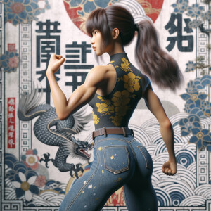 Athletic Thin skinny Attractive, Asian teenage girl, long brown hair and bangs, wearing tight skinny jeans and a halter top paint marks on her clothing, heroic pose Asian graffiti background, backside view