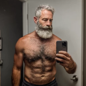 The image shows a middle-aged man with a muscular, hairy physiqu...