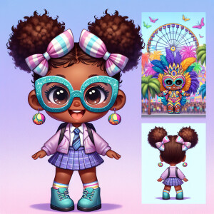 A chibi-style image of an African American 3-year-old girl, stan...