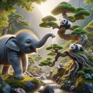 A baby elephant using its trunk to water a bonsai tree, while a...