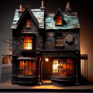 A dark, atmospheric miniature model of an old Gothic-style baker...