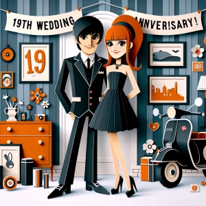 ‘Happy 19th Anniversary!’ Written
A 60s mod vibe with a tan male...