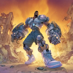 Depict a large, muscular Nigerian humanoid character in a dynami...