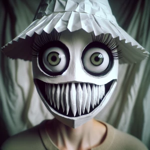 Person with big round green eyes wearing a paper mask that has a...