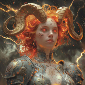 A fearsome Aries space-core female vampire-zodiac hybrid, exudin...