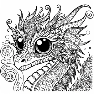 Create a coloring page design featuring a dragon with large eyes...