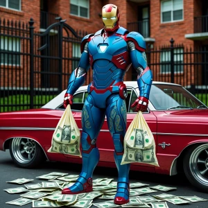 Iron Man, clad in a blue armor suit adorned with a paisley pattern, stands confidently with a bag of money in each hand, surrounded by scattered dollar bills at his feet. He is leaning casually on a classic lowrider car. Behind him, there's a red brick apartment complex, secured by an elegant black wrought iron gate.