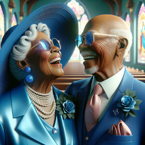 Create a heartwarming and detailed realistic 3-D image of an elderly African American couple sharing a moment of joy and laughter. The woman is stylishly dressed in a blue church suit with a matching wide-brimmed hat and bedazzled, blue-tinted glasses that sparkle with personality. Her jewelry is elegant and classic, featuring pearls and matching blue diamond earrings. The man is dapper in a sharp blue suit with a pink tie and pocket square, his glasses adding a touch of sophistication. They are at a church event, the stained glass windows casting a colorful glow around them. Their expressions are filled with happiness, reflecting a life well-lived and a relationship filled with love.