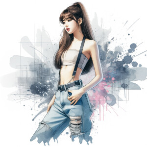 Athletic Thin skinny Attractive, Asian teenage girl, long brown hair and bangs, wearing tight skinny jeans and a halter top paint marks on her clothing, heroic pose Asian graffiti background, side view