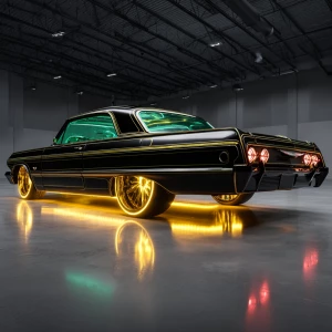 A stunning hydraulic lifted 64 Chevy impala on Dayton 100 spoke...