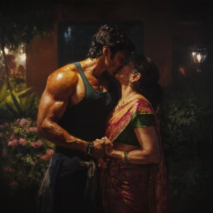Create a hyperrealistic painting depicting a muscular, sweaty In...