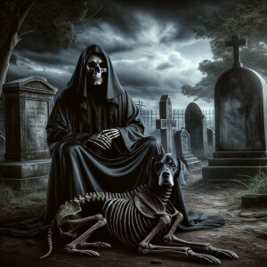 Create a realistic photo-style image of the Grim Reaper seated s...
