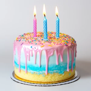 A vibrant, festive birthday cake with three lit candles on top. The cake is a two-layered sponge with colorful frosting—pastel pink on the top layer and sky blue on the bottom. The frosting drips slightly over the edges for a delicious effect. Bright, multicolored sprinkles are scattered over the top. The three candles are evenly spaced, each with a different color—red, yellow, and blue—with soft glowing flames. The background is white