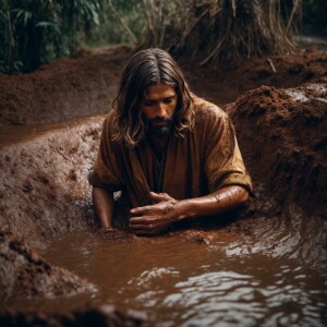 Jesus Christ extends his hand to a young man who is drawning in...