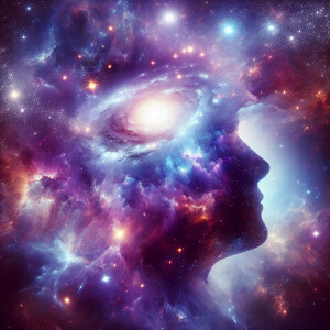 I want a painting of the universe blending into the head of a be...