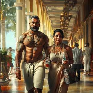 photo,fantasy,A sweaty tattoed muscular man walking with his 50...