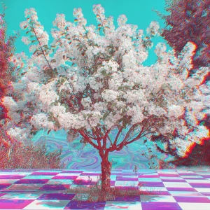White flowering tree. music notes, glitch, oozing cosmic oily li...