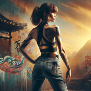 Athletic Thin skinny Attractive, Asian teenage girl, long brown hair and bangs, wearing tight skinny jeans and a halter top paint marks on her clothing, heroic pose Asian graffiti background, backside view