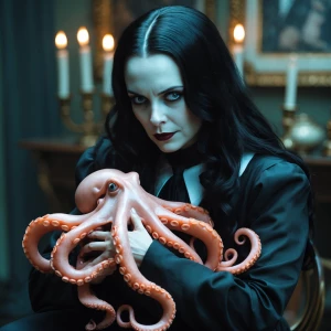 Wednesday Addams cradling her pet octopus in her arms.