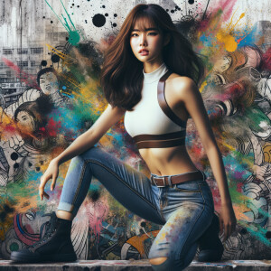 Very thin Athletic Thin skinny Attractive, Asian teenage girl, long brown hair and bangs, wearing tight skinny jeans and a halter top paint marks on her clothing, sitting side view heroic pose Asian graffiti