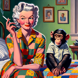 A  woman smoking a cigarette sitting next to a chimp on bed