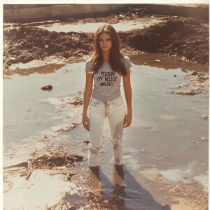 Faded film photograph from 1972 of a gorgeous, 26-year-old, brun...