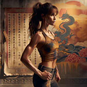 Athletic Thin skinny Attractive, Asian teenage girl, long brown hair and bangs, wearing tight skinny jeans and a halter top paint marks on her clothing, heroic pose Asian graffiti background, side view