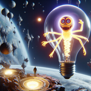 Malevolent sentient light bulb with arms and a sinister expressi...